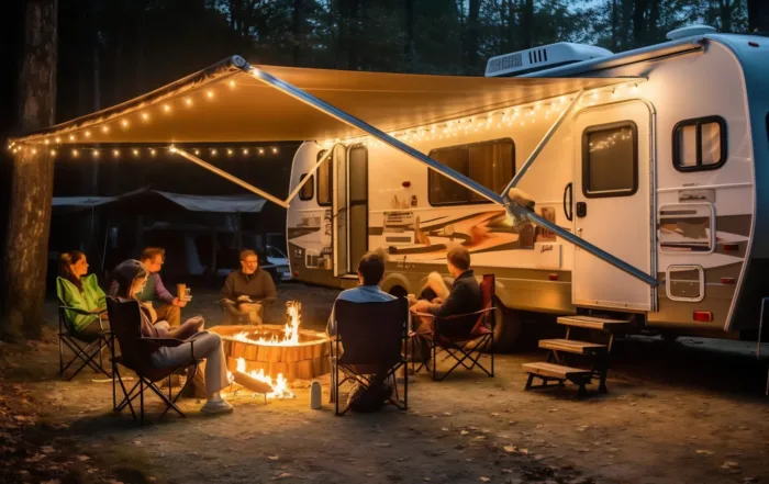 Friends sitting around a campfire beside a travel trailer under an awning with string lights at a wooded RV campsite at dusk.
