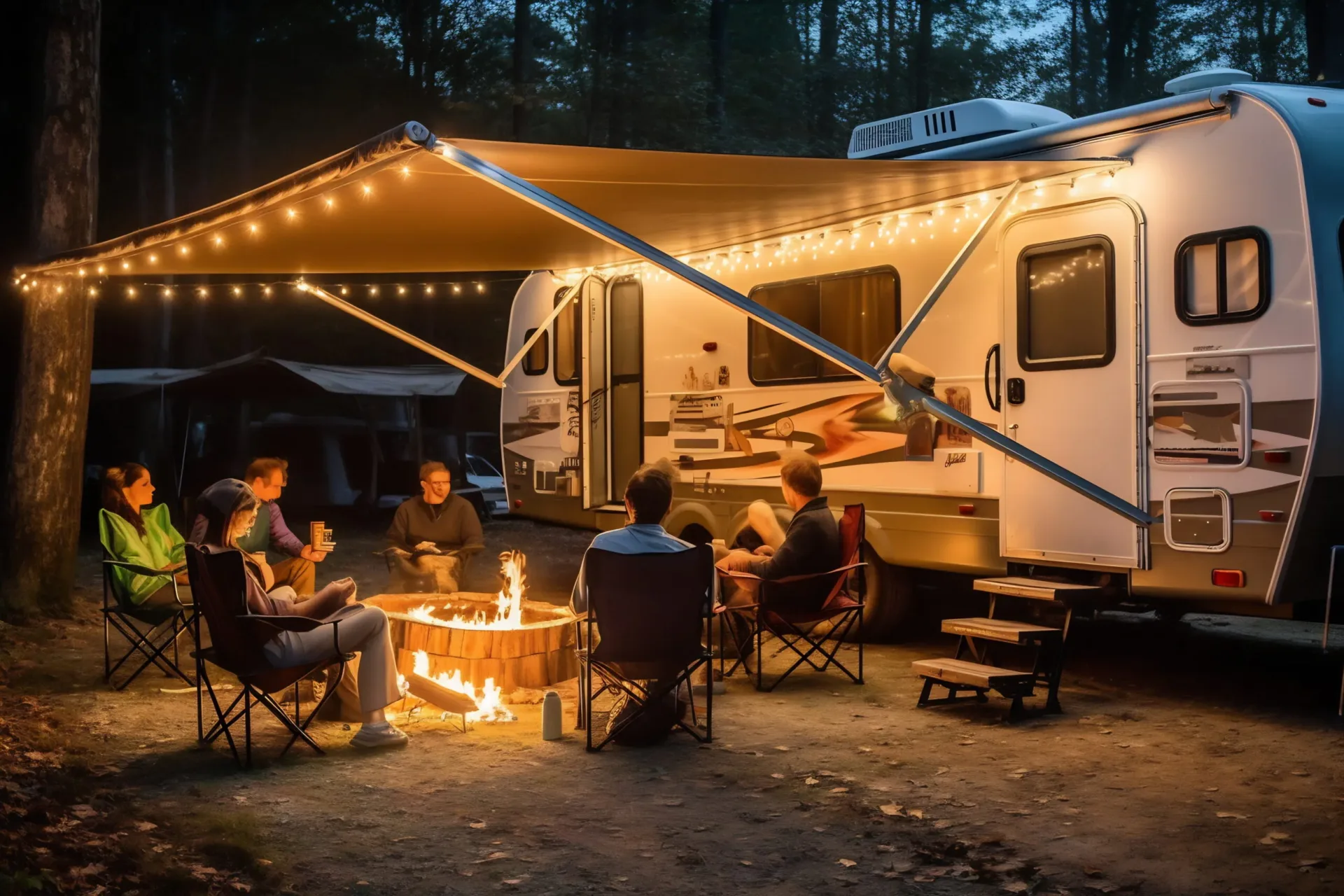 perfect-rv-lot-for-sale Friends sitting around a campfire beside a travel trailer under an awning with string lights at a wooded RV campsite at dusk.
