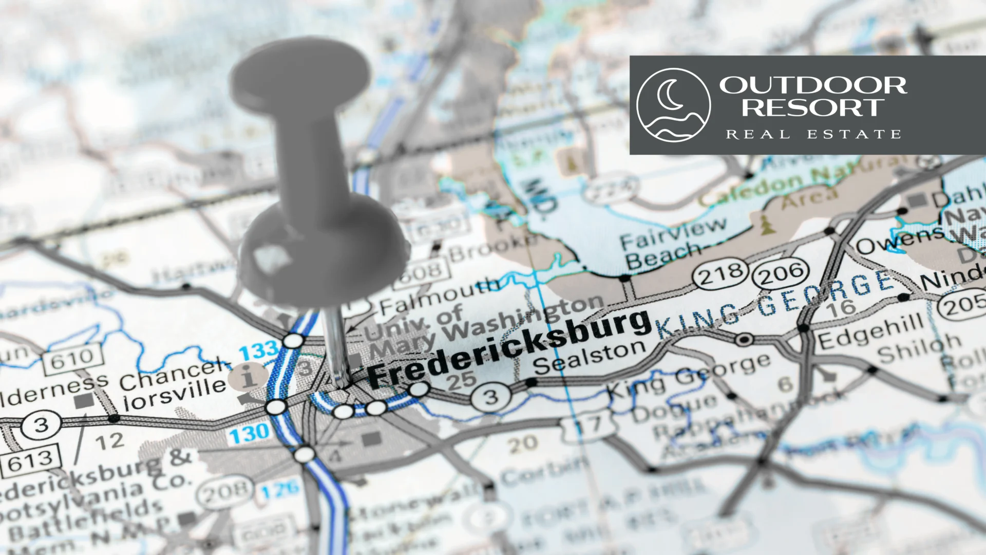 White thumb tack pinned into a map to mark Why Investors Love Fredericksburg for RV Properties and outdoor resort real estate opportunities.