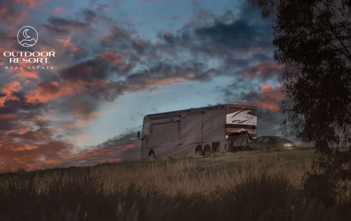 Sell an RV Lot or Resort Property Faster - Outdoor Resort Real Estate RV parked at sunset, representing destination RV living and investment property listings