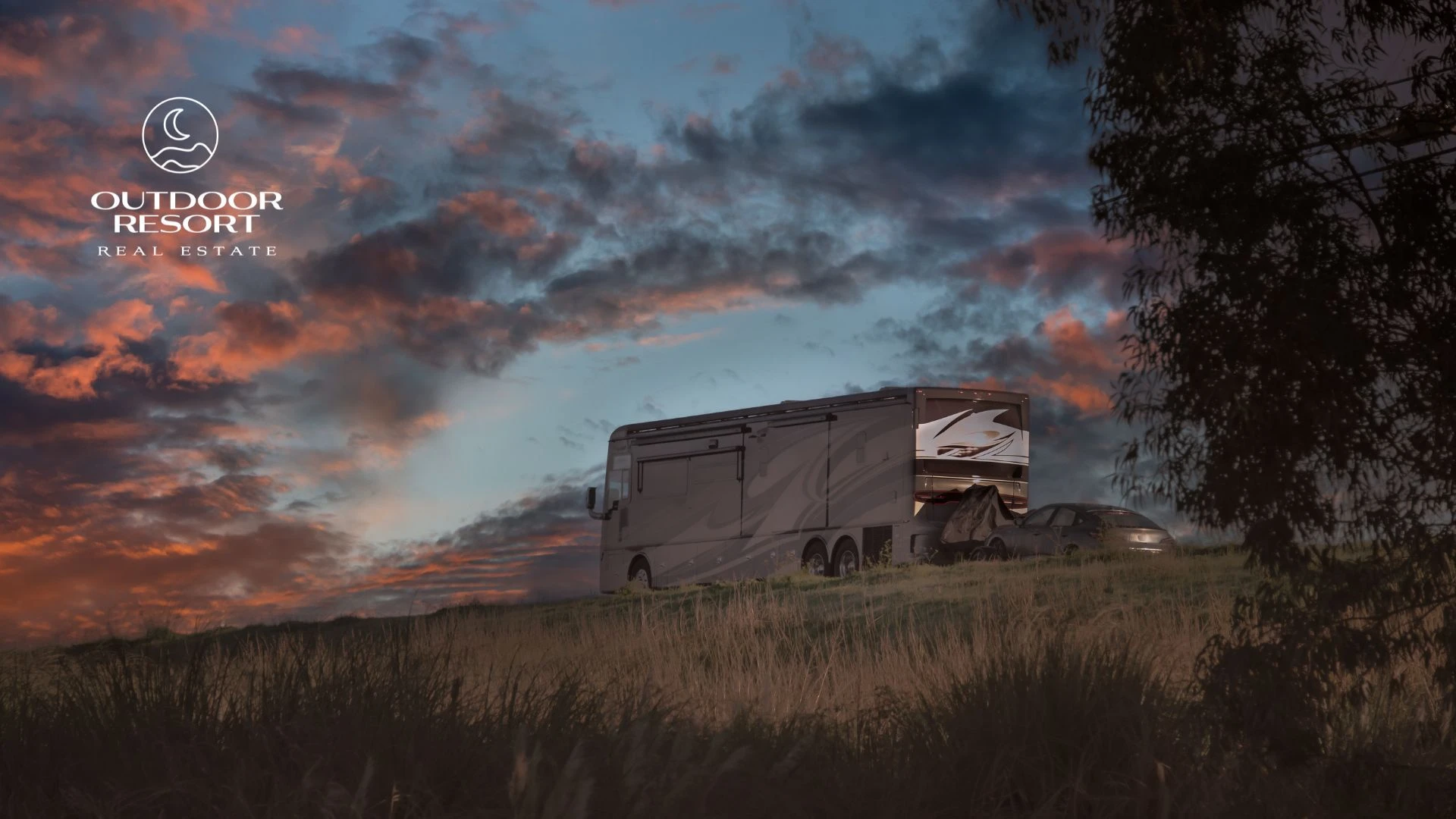 Sell an RV Lot or Resort Property Faster - Outdoor Resort Real Estate RV parked at sunset, representing destination RV living and investment property listings