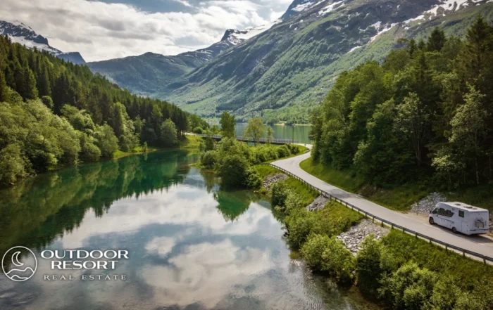 RV Resorts Near National Parks by Outdoor Resort Real Estate with scenic mountain lake view and luxury RV travel investment appeal