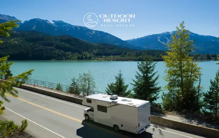 Coastal RV resort investment with RV traveling near mountain lake destination