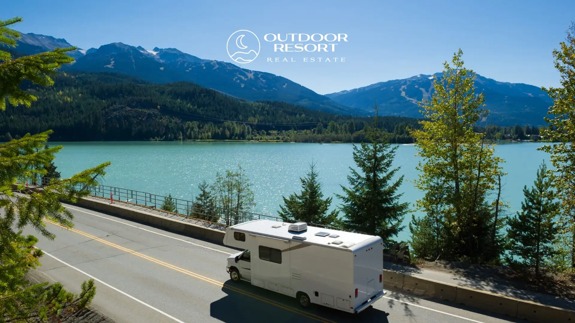 Coastal RV resort investment with RV traveling near mountain lake destination