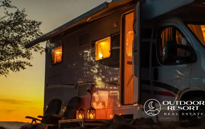 Lake Greenwood Motorcoach Resort RV lot investment at sunset