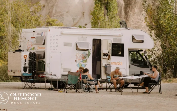 Sunbelt resort lot in autumn, with a motorhome and travelers relaxing at an outdoor RV resort