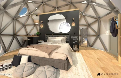 Glamping dome bedroom with queen bed and round mirror at Glamp the World in Clint, Texas